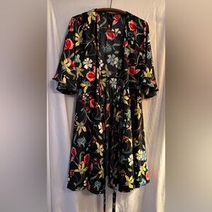 Castaluna Floral Wrap Dress Sz 12W Navy Blue w/ Coral Turquoise Yellow Blue Red